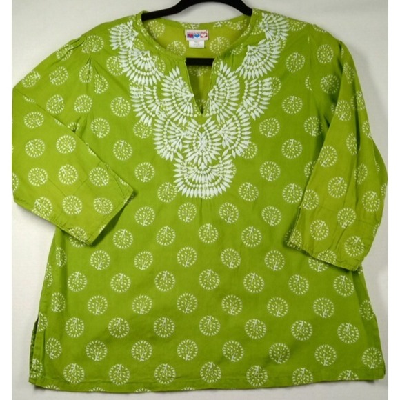 Urban Sweetheart Tops - American Sweetheart Women's Tunic Embroiry S Green V-neck hippie 3/4 Sleeve